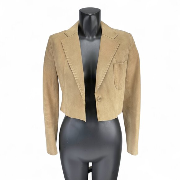 VINTAGE Suede Cropped Tan Camel Beige Blazer Jacket XS/S - Picture 3 of 7